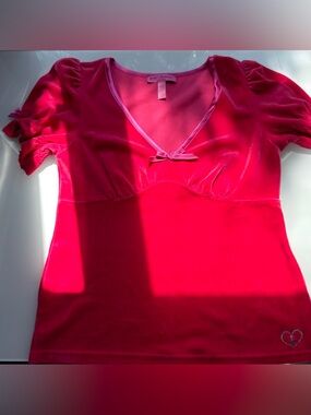 Betsey Johnson Hot Pink Velvet V-Neck Sleep Top with Bow